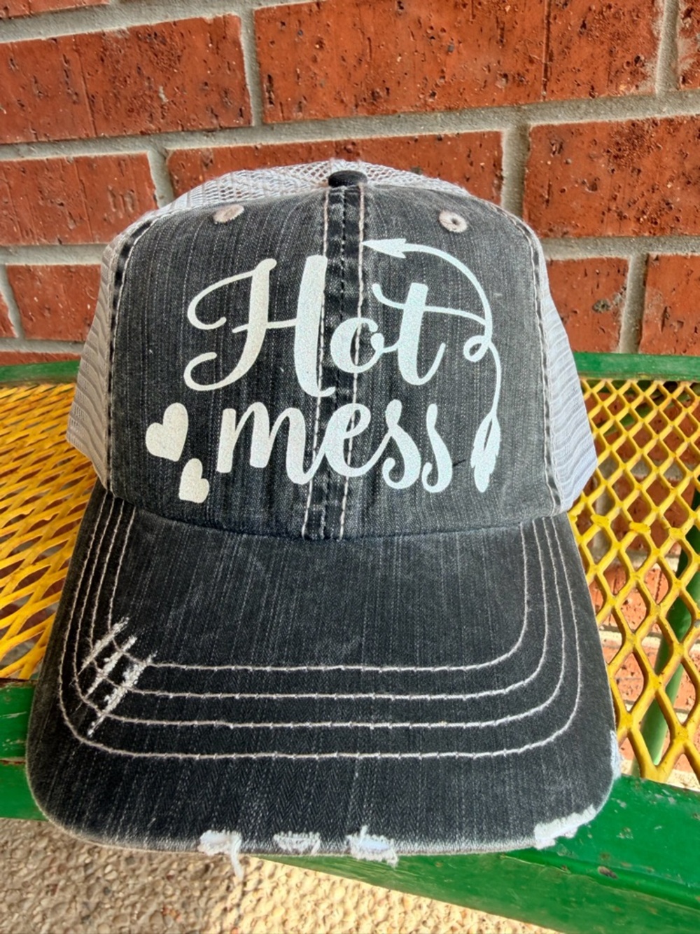 Black 'Hot Mess' Distressed Trucker Hat